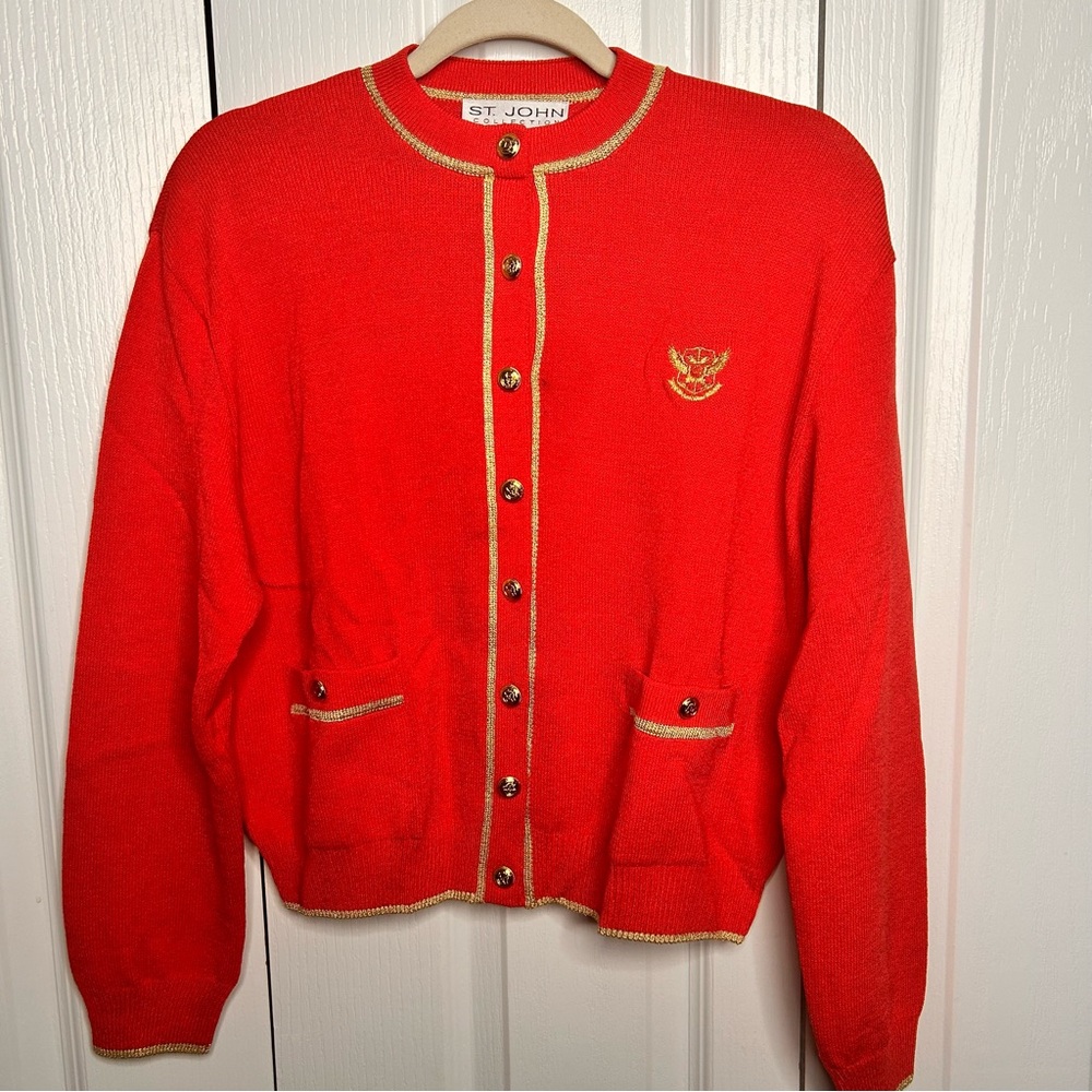 Vintage St John Collection by Marie Gray Knit Red Orange Cardigan Gold Button S